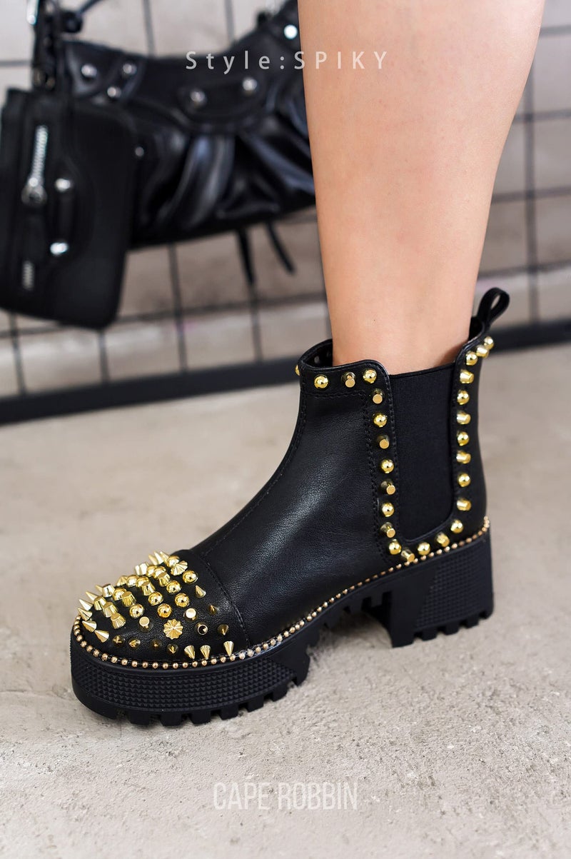 Cape Robbin Women's Platform Combat Boots Pull-on Ankle Booties, Studded Goth Punk Boots with Spiky Design & Chunky Heel (Spiky) - Black Gold Size 9 - Image 2